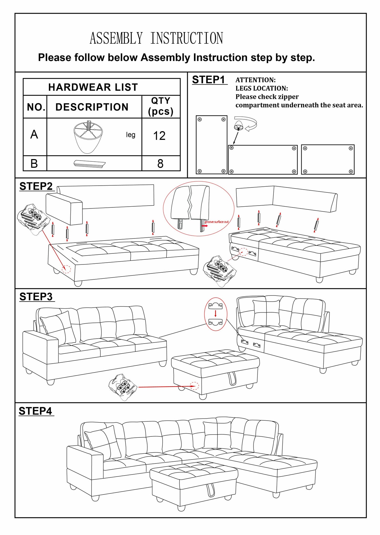 Black Faux Leather 3-Piece Couch Living Room Sofa Set