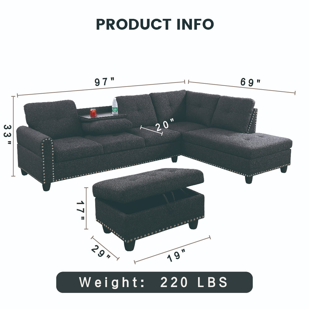 Black Grey Linen 3-Piece Sofa Living Room Sofa Set
