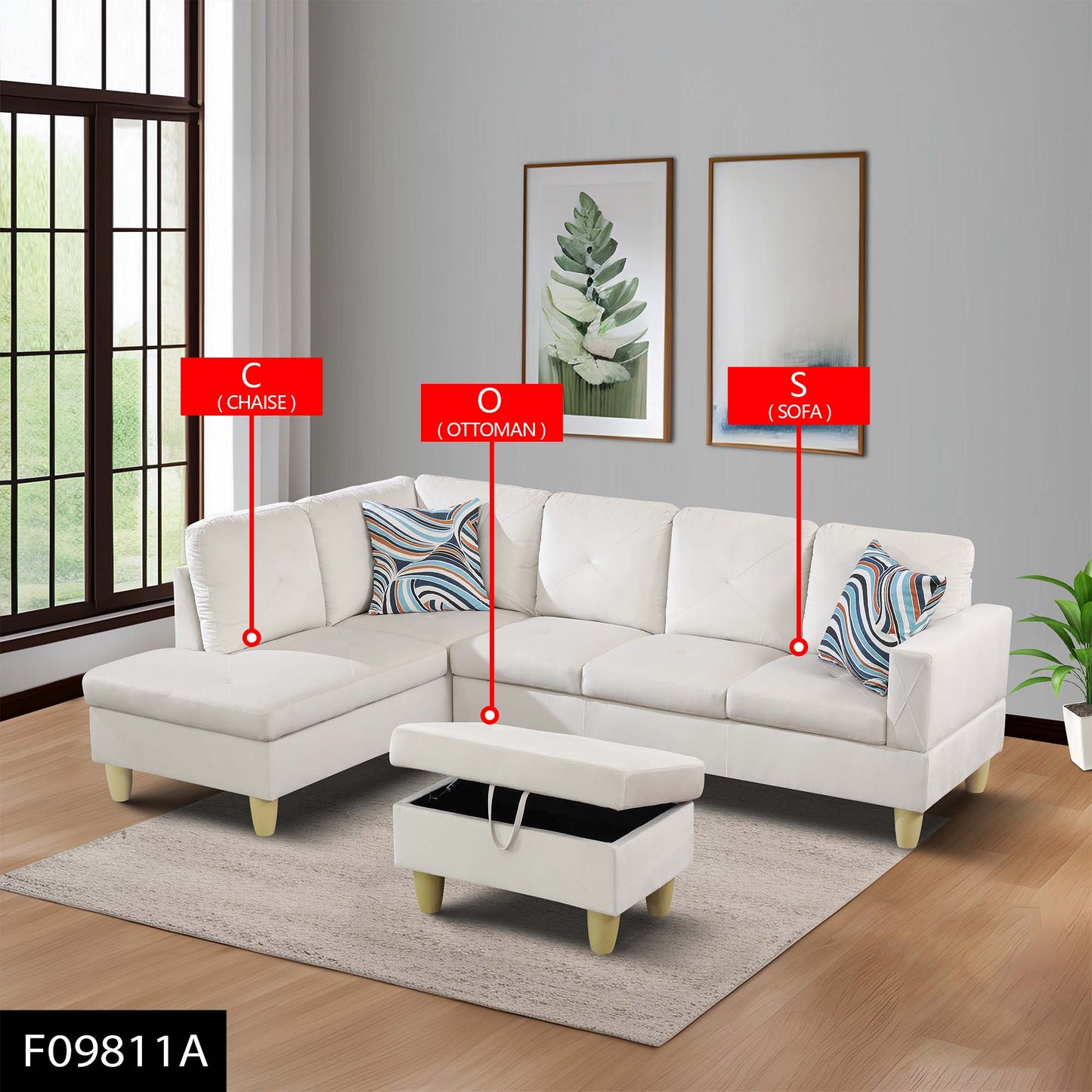 66.5" White Flannel 3-Piece Living Room Sofa Set