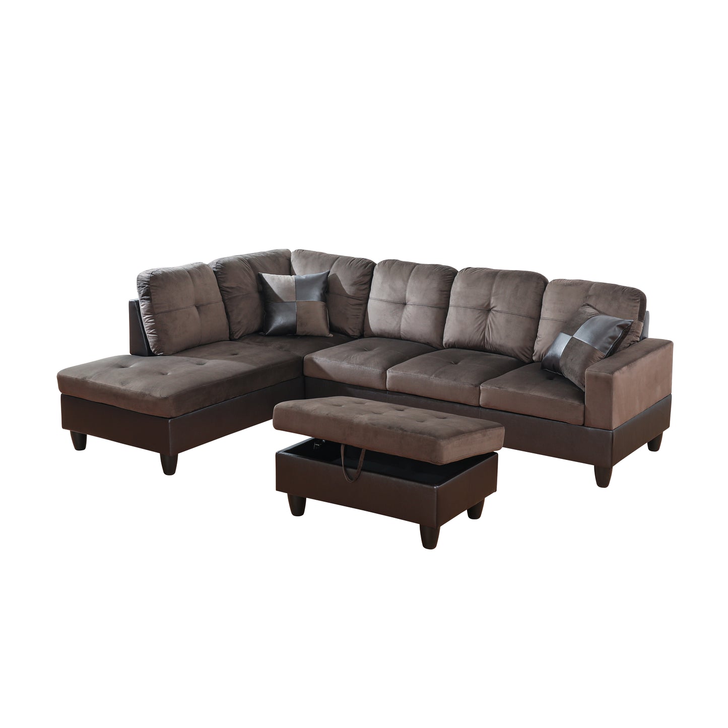 Dark Brown Flannel And PVC 3-Piece Couch Living Room Sofa Set