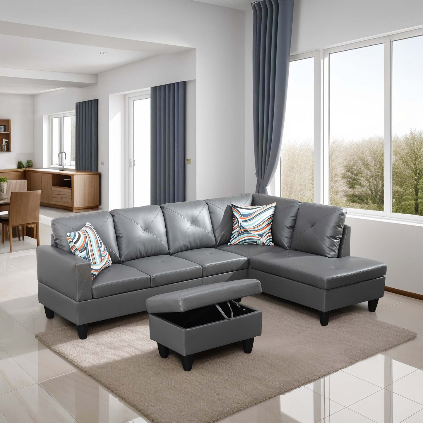 Dark Grey Faux Leather 3-Piece Couch Living Room Sofa Set