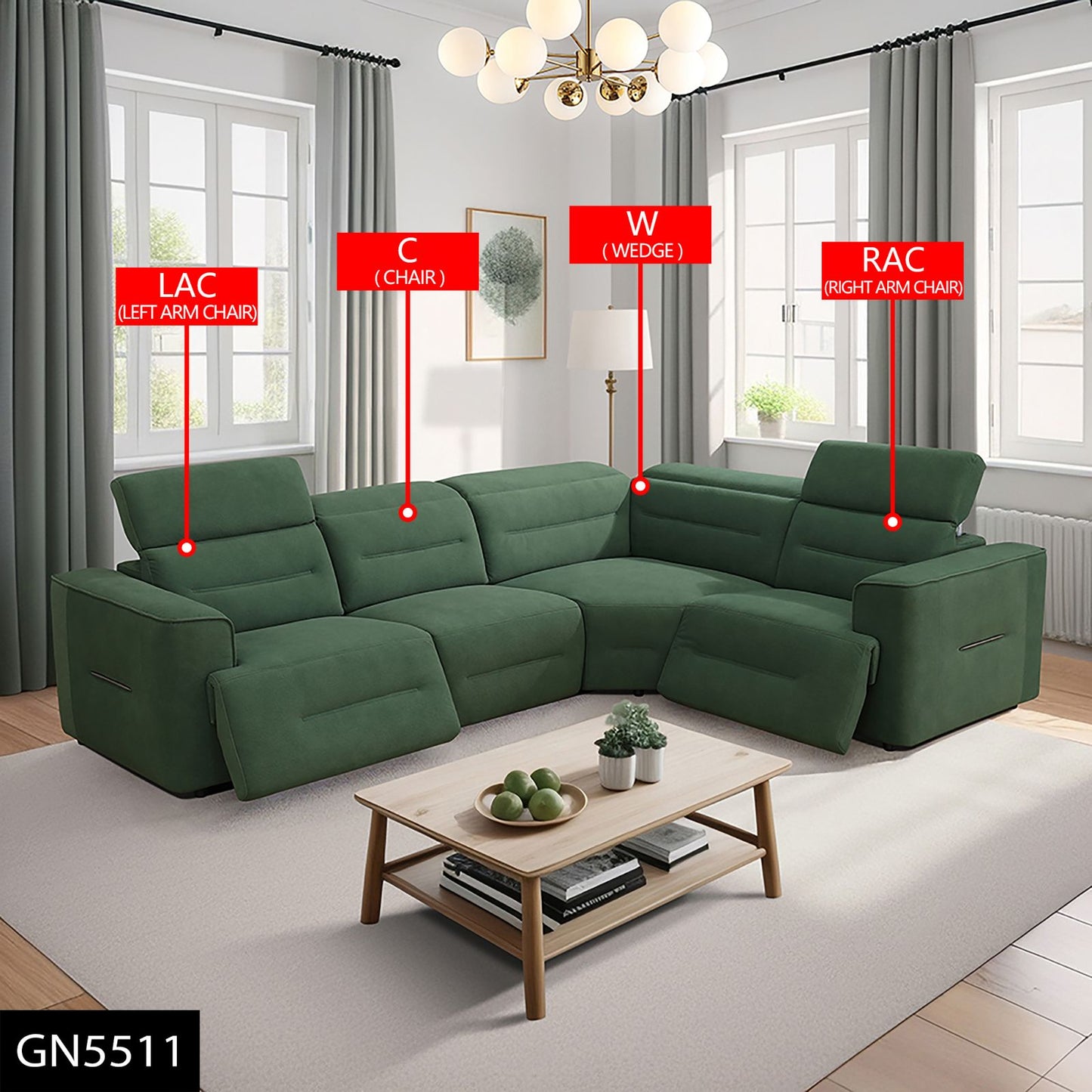 Green Flannel Living Room Recliner Sofa Set