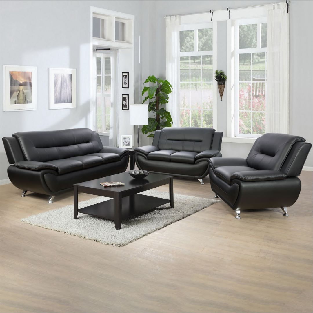 Black Faux Leather 3-Piece Couch Living Room Sofa