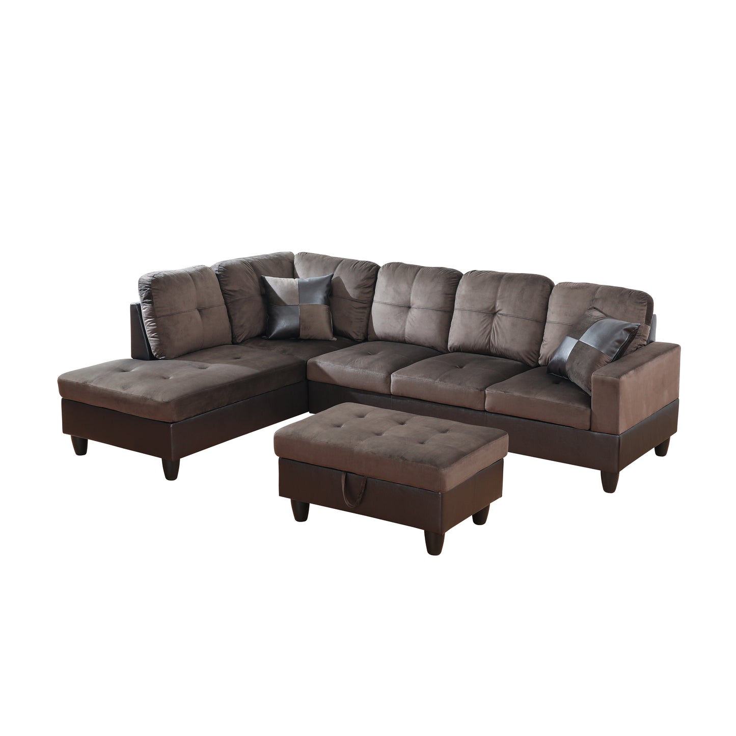Dark Brown Flannel And PVC 3-Piece Couch Living Room Sofa Set