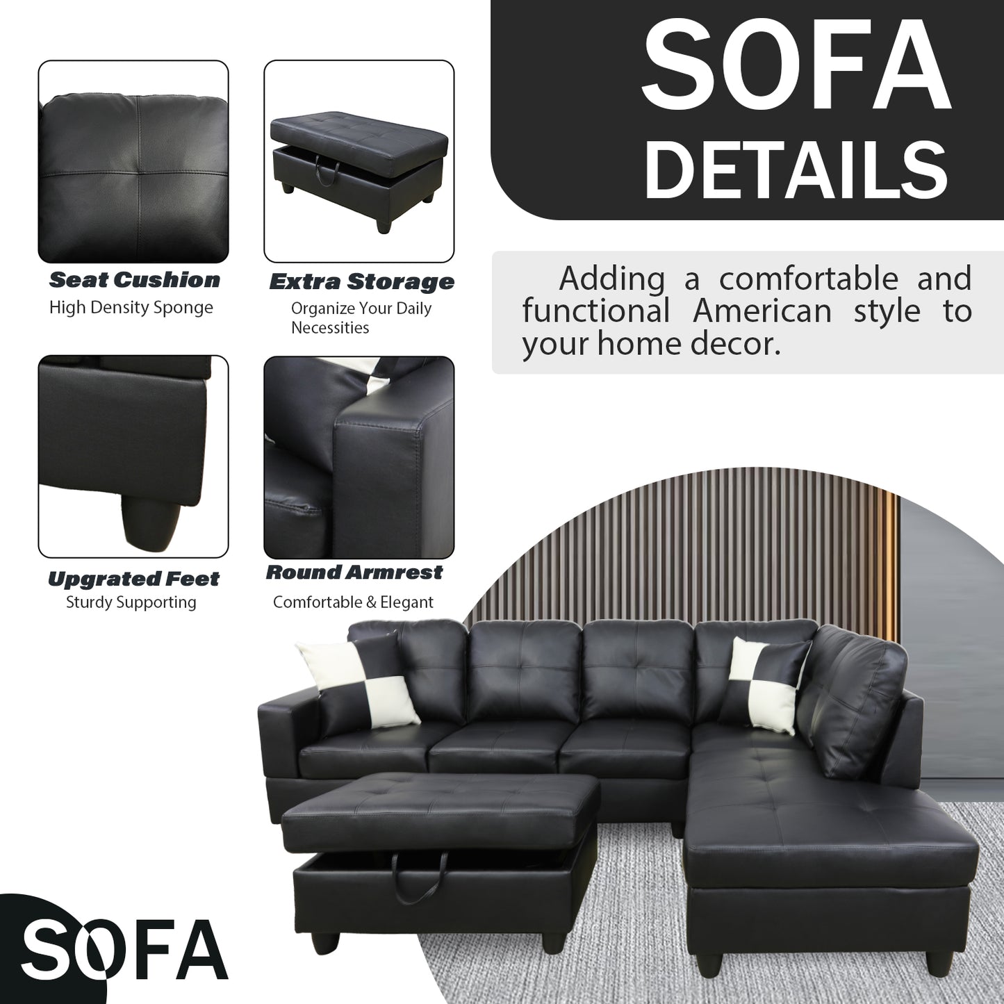 Black Faux Leather 3-Piece Couch Living Room Sofa Set