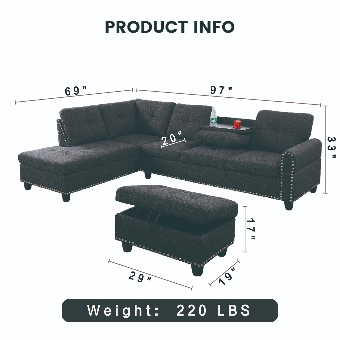 Black Grey Linen 3-Piece Sofa Living Room Sofa Set