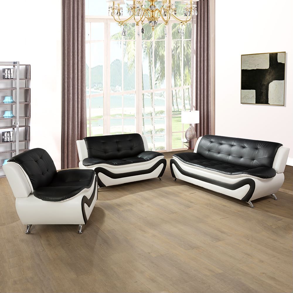 Black & White Faux leather 3-Piece Couch Living Room Sofa Set