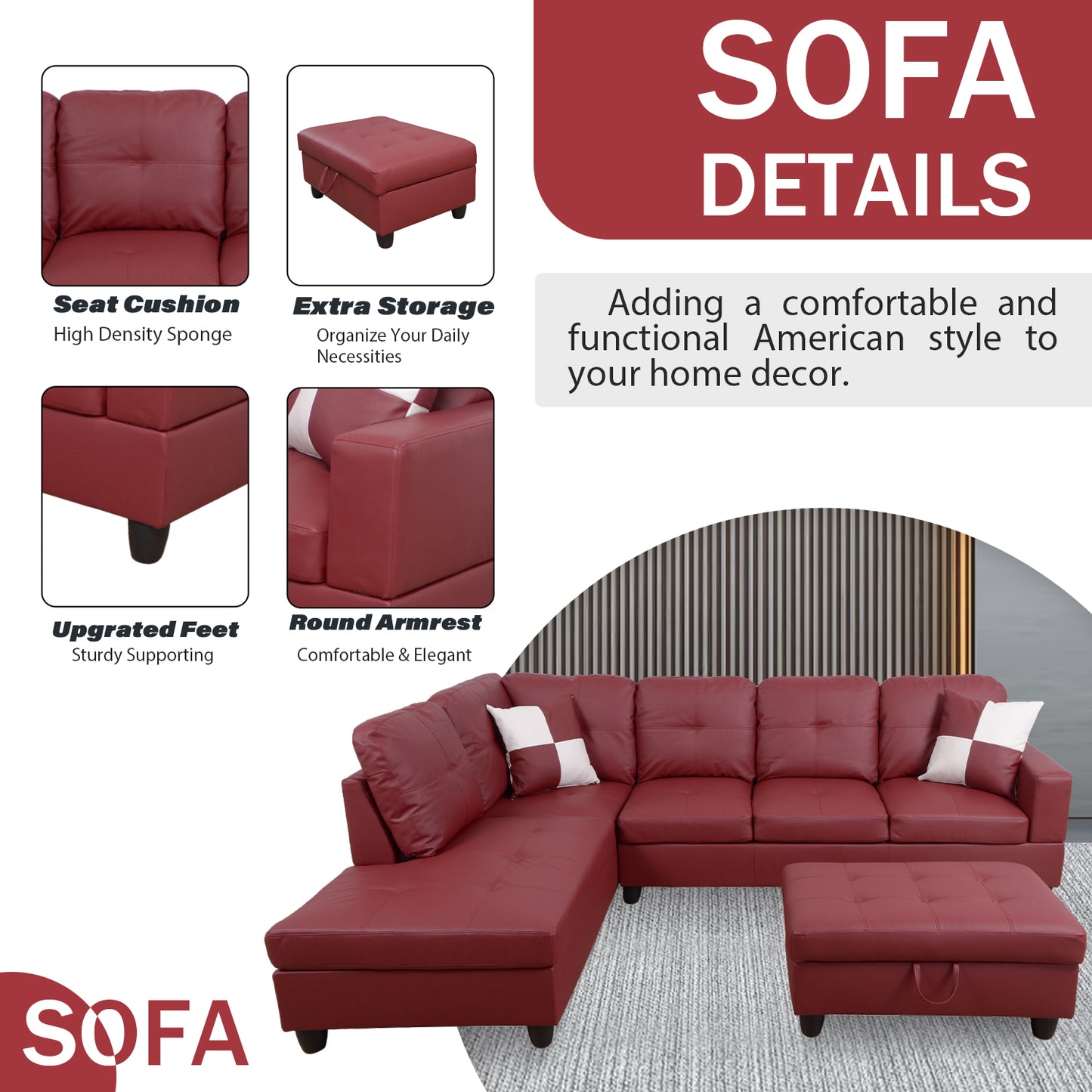 Dark Red Faux Leather 3-Piece Living Room Sofa Set