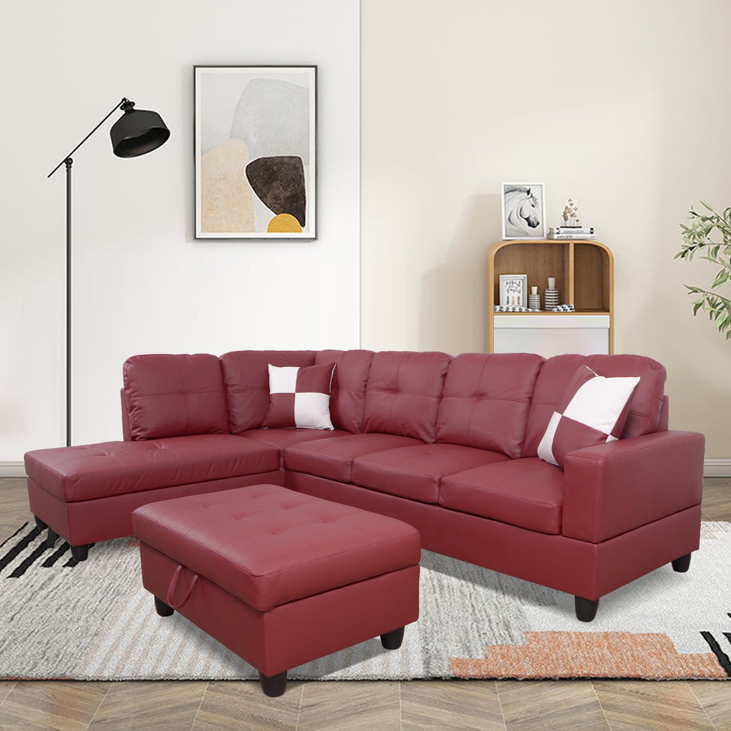 Dark Red Faux Leather 3-Piece Living Room Sofa Set