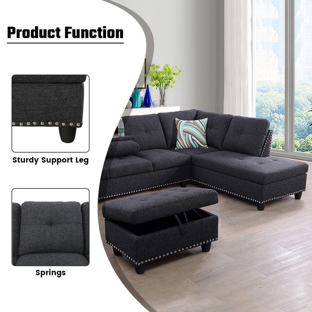 Black Grey Linen 3-Piece Sofa Living Room Sofa Set