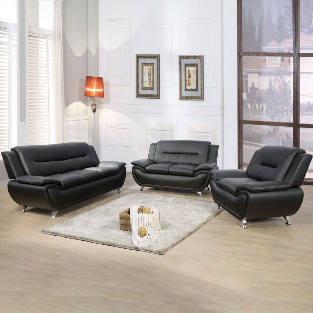 Black Faux Leather 3-Piece Couch Living Room Sofa