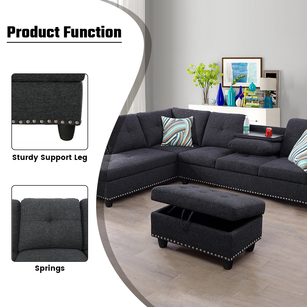 Black Grey Linen 3-Piece Sofa Living Room Sofa Set
