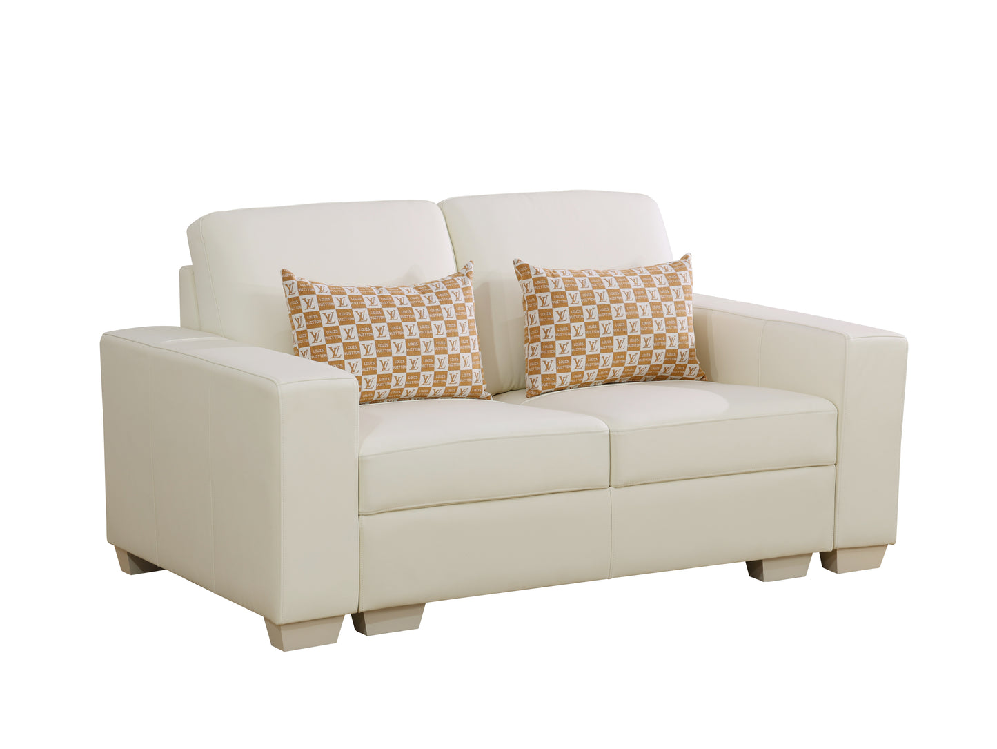 White Genuine Cow Leather Double Armrests 2-Piece Living Room Loveseat Sofa