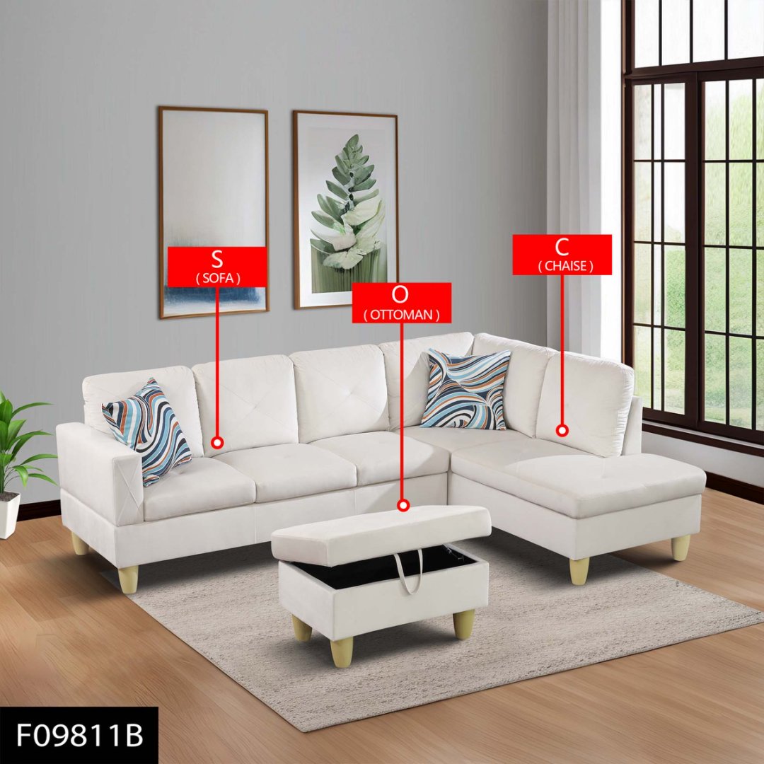 66.5" White Flannel 3-Piece Living Room Sofa Set