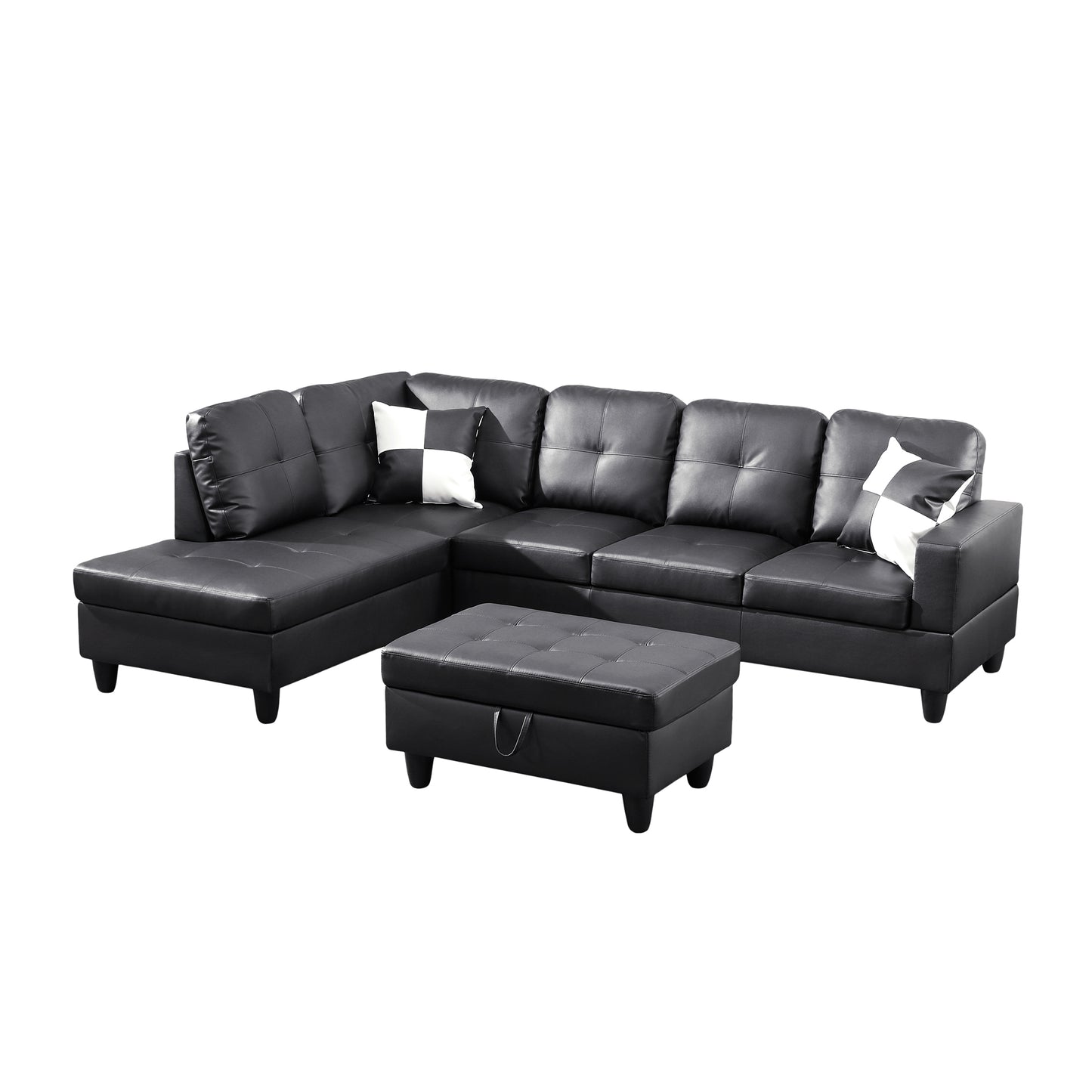 Black Faux Leather 3-Piece Sofa Living Room Sofa Set