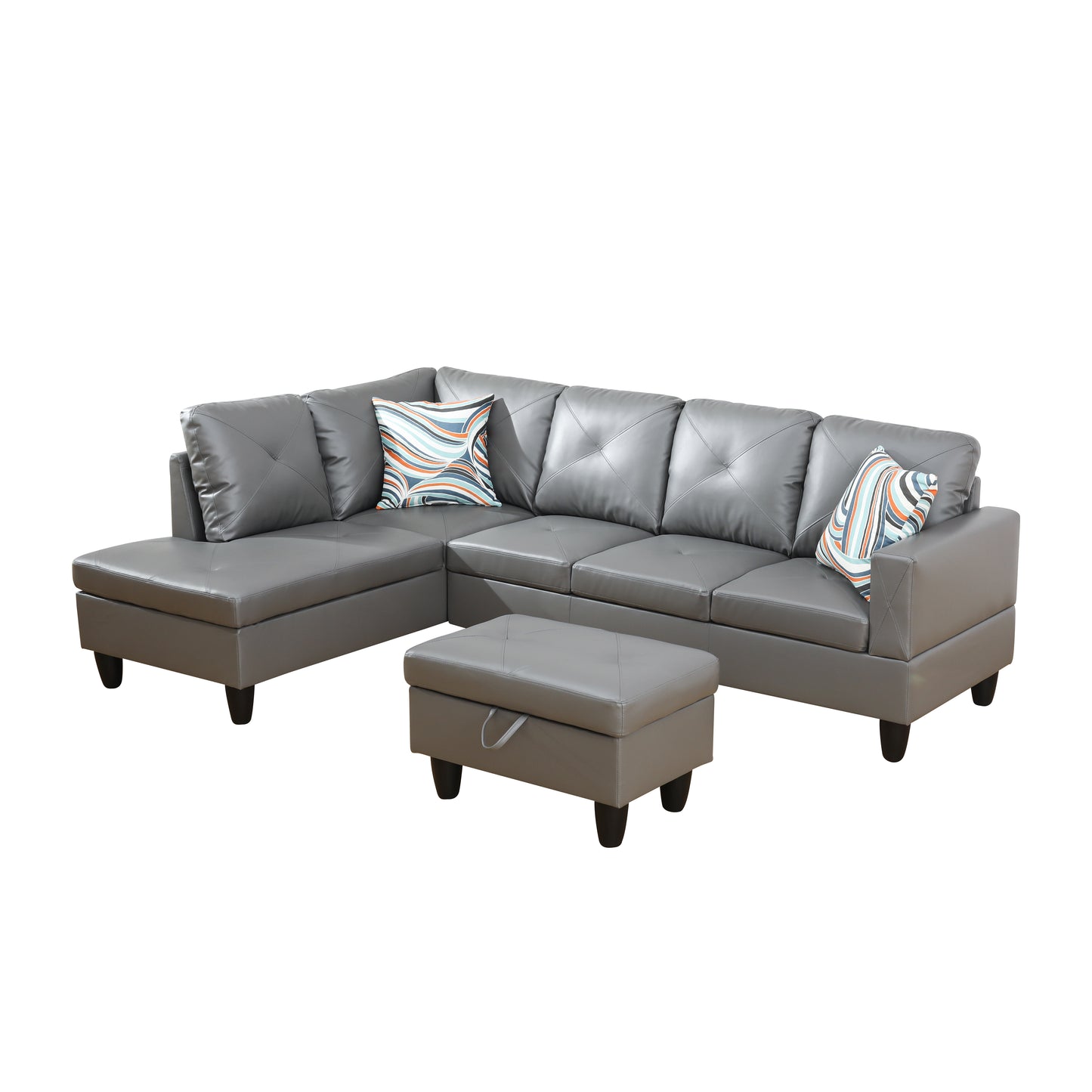 Dark Grey Faux Leather 3-Piece Couch Living Room Sofa Set