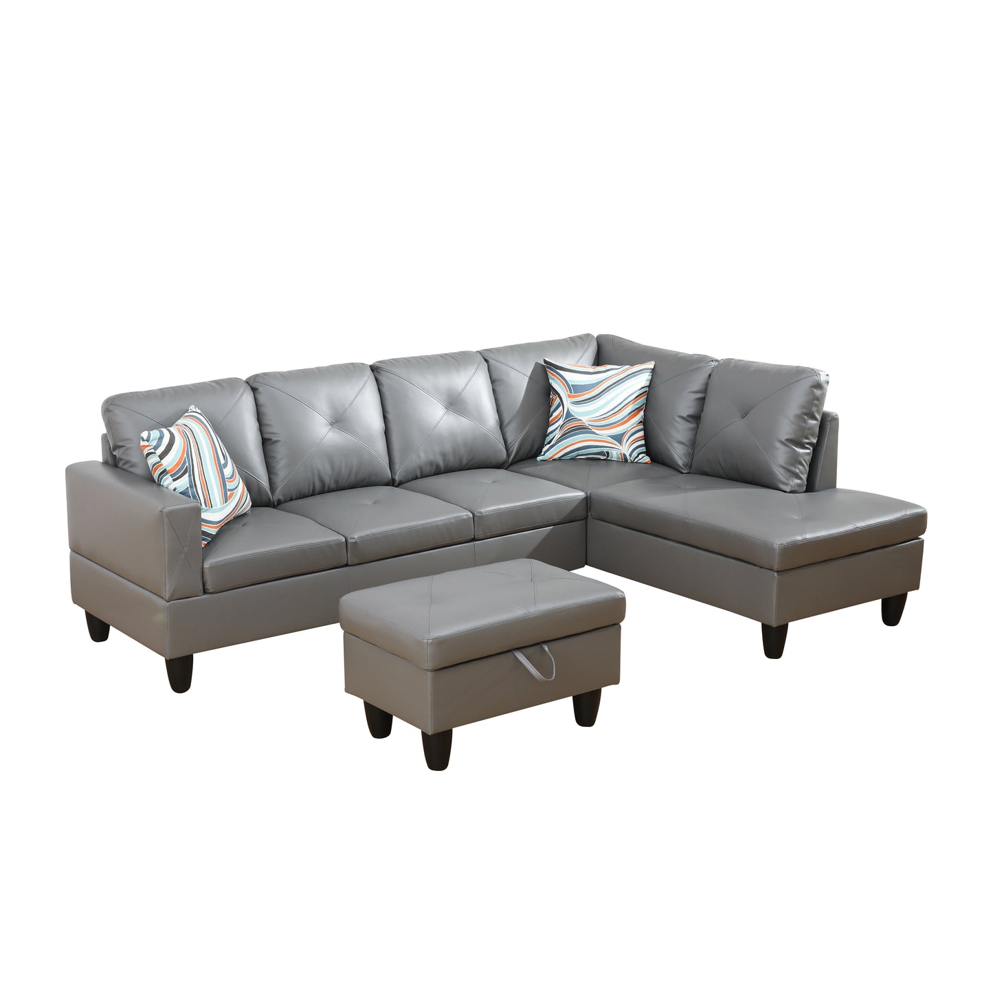 Dark Grey Faux Leather 3-Piece Couch Living Room Sofa Set