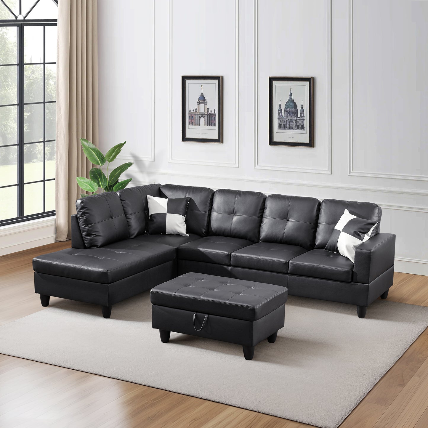 Black Faux Leather 3-Piece Sofa Living Room Sofa Set