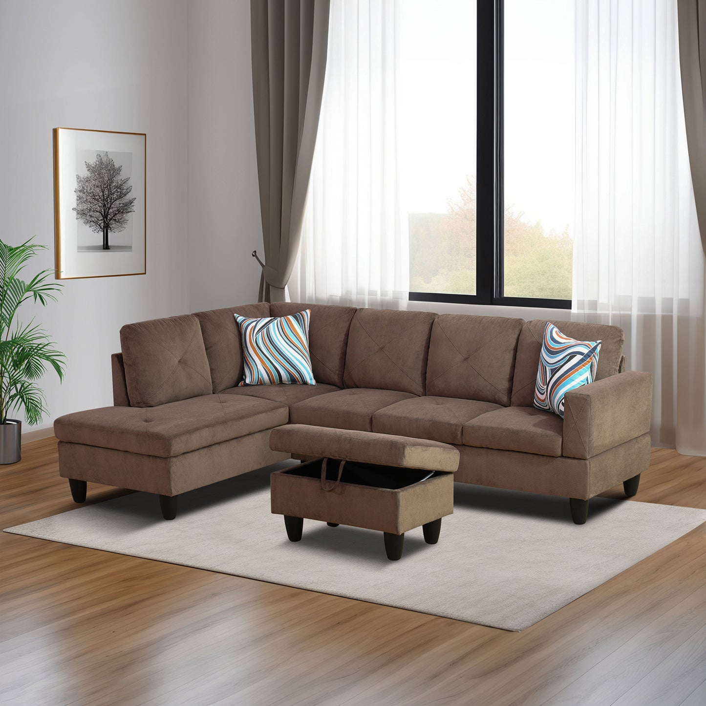 Brown Sackcloth Fabric 3-Piece Living Room Sofa Set