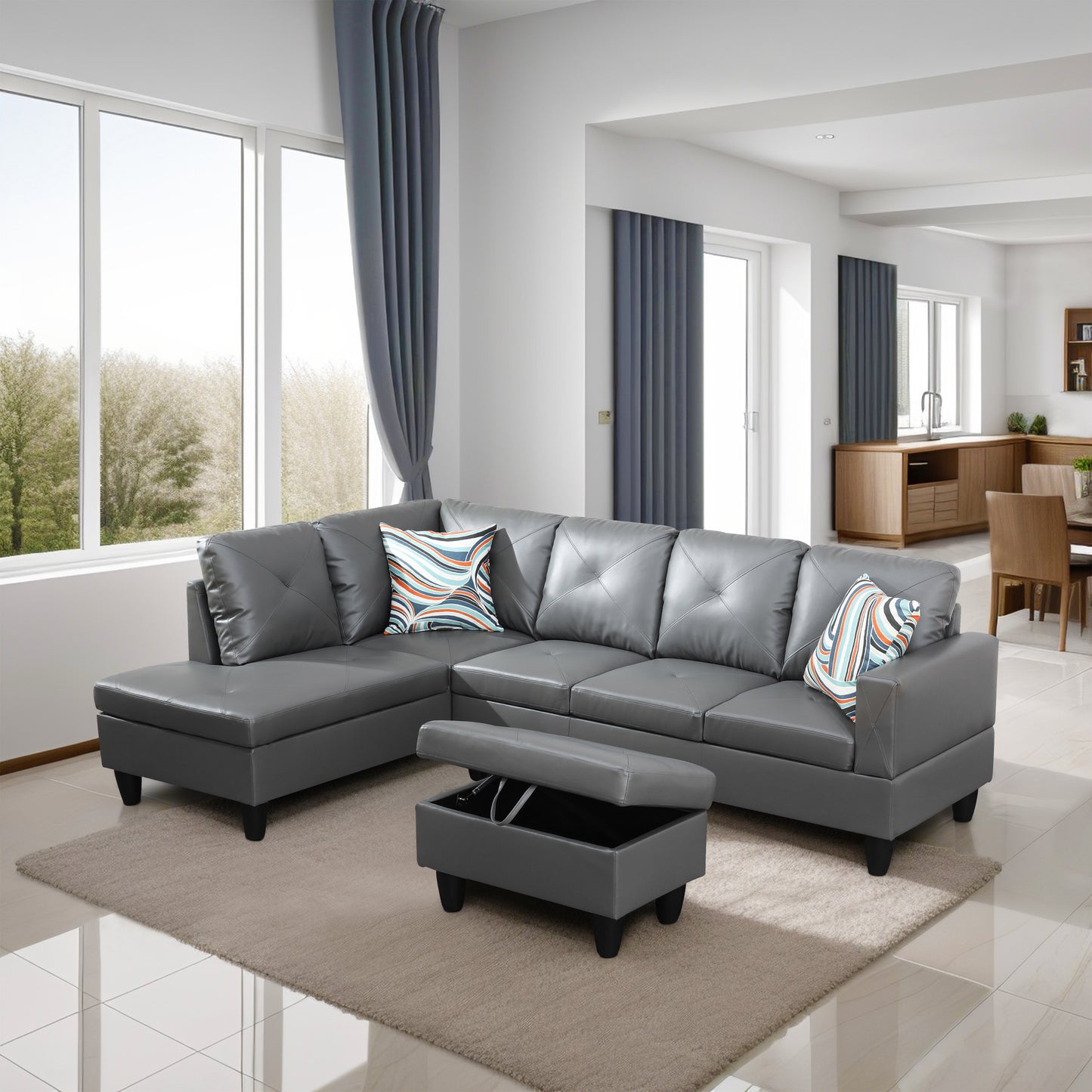 Dark Grey Faux Leather 3-Piece Couch Living Room Sofa Set