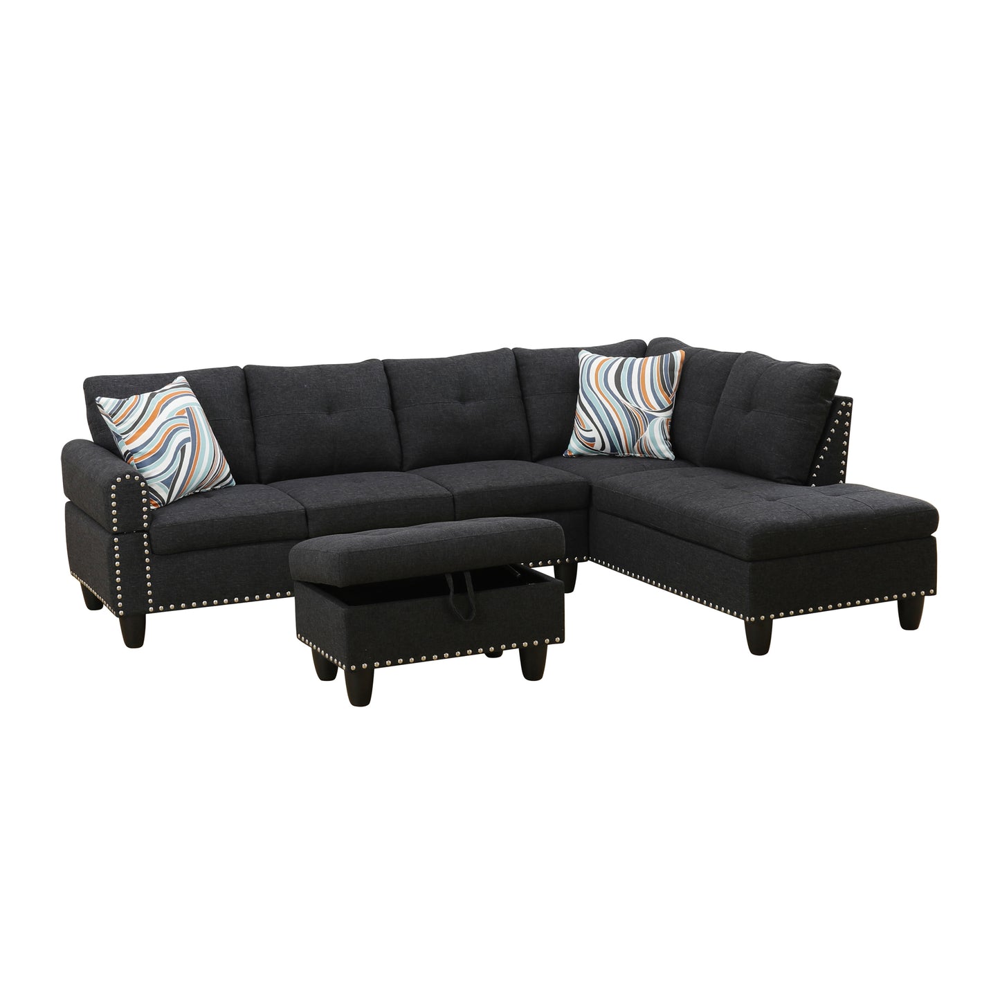 Black Grey Linen 3-Piece Sofa Living Room Sofa Set