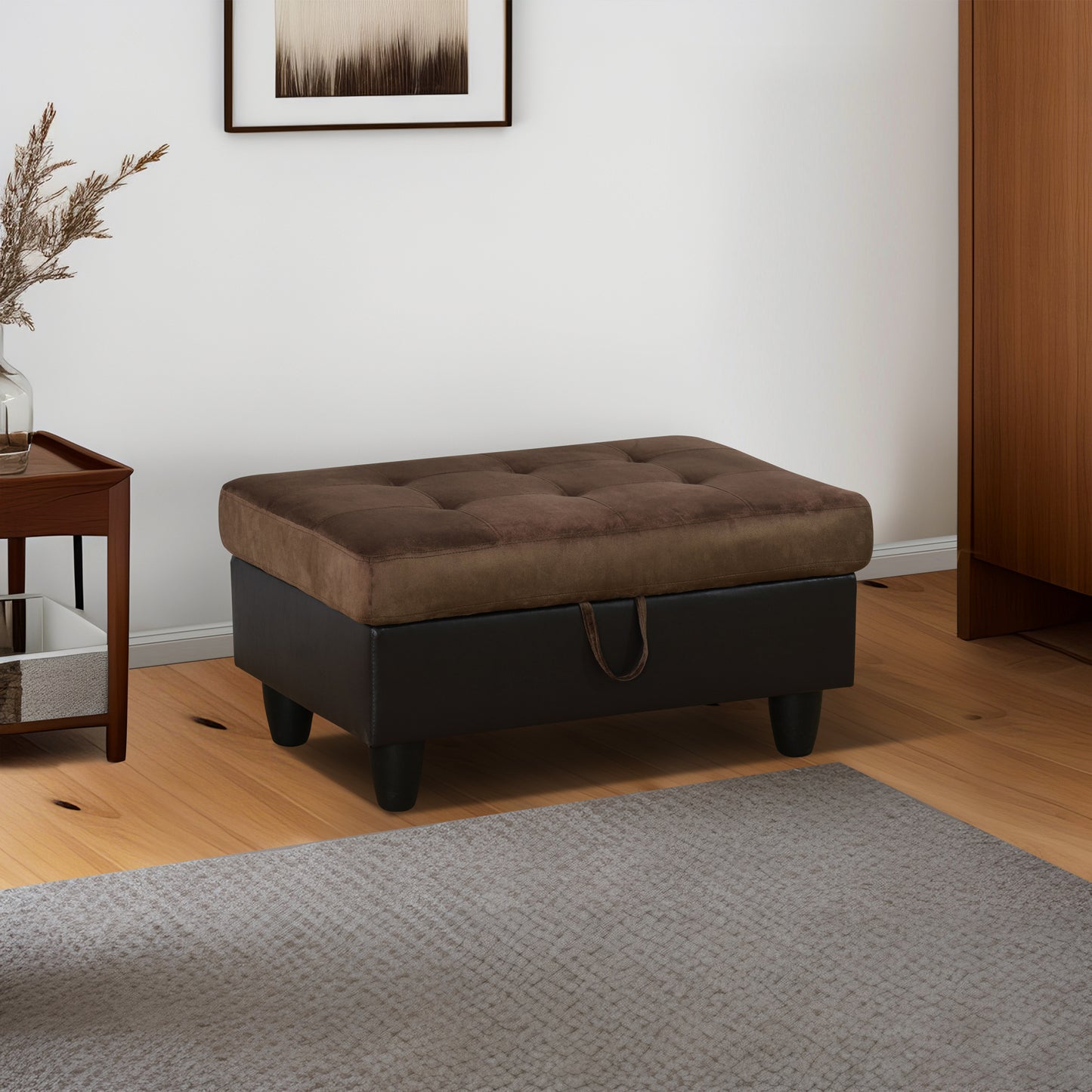 Brown Lint And PVC Living Room Storage Ottoman