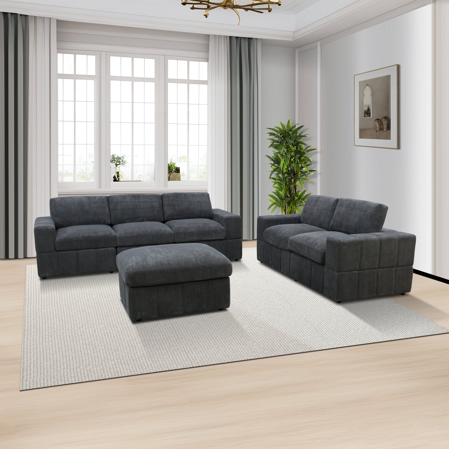 Dark Grey Corduroy 6-Piece Living Room Sofa Set