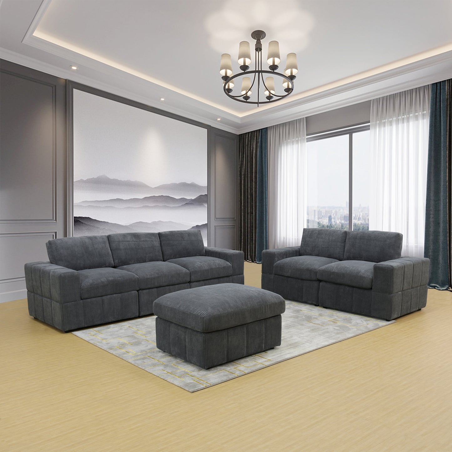 Dark Grey Corduroy 6-Piece Living Room Sofa Set
