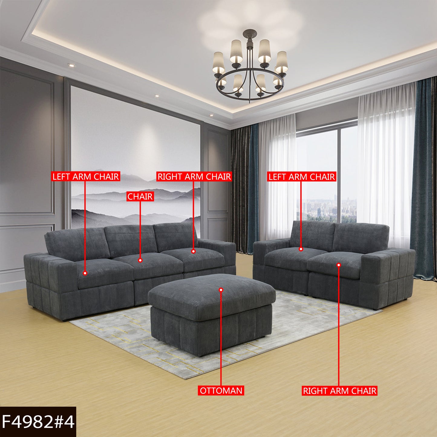 Dark Grey Corduroy 6-Piece Living Room Sofa Set