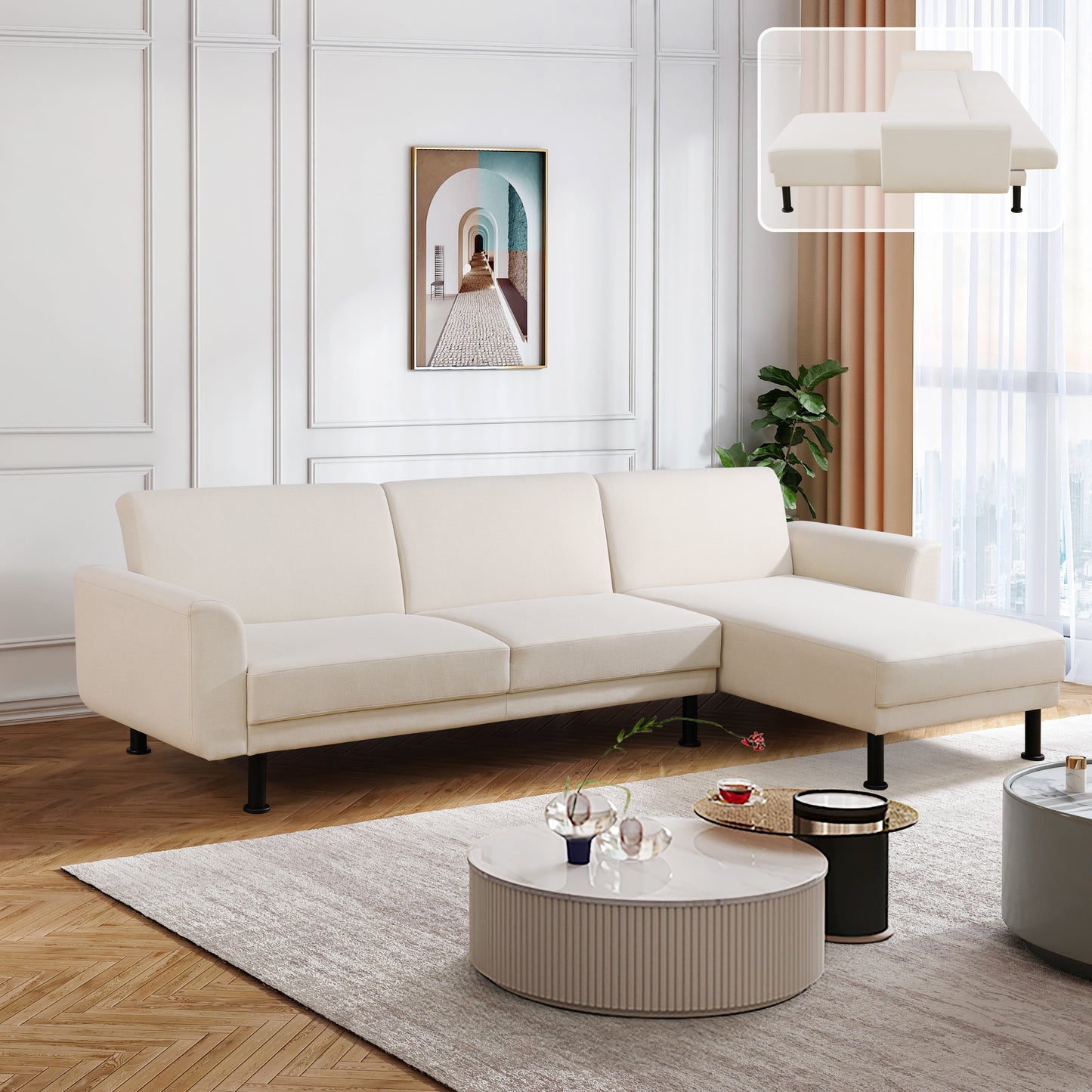 Beige Linen 2-Pieces Living Room Sofa bed