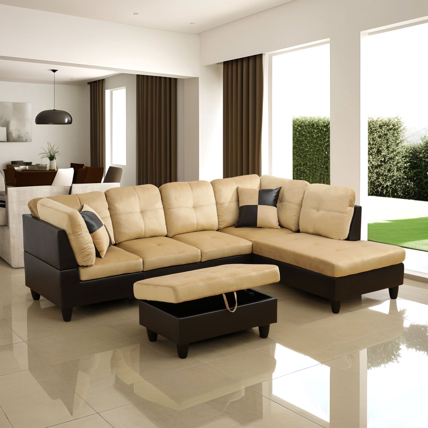 Beige and Brown Color Lint And PVC 3-Piece Couch Living Room Sofa Set