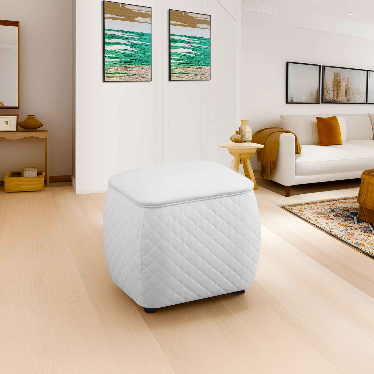 White Cat-Scratch Leather living room Square Low Stool