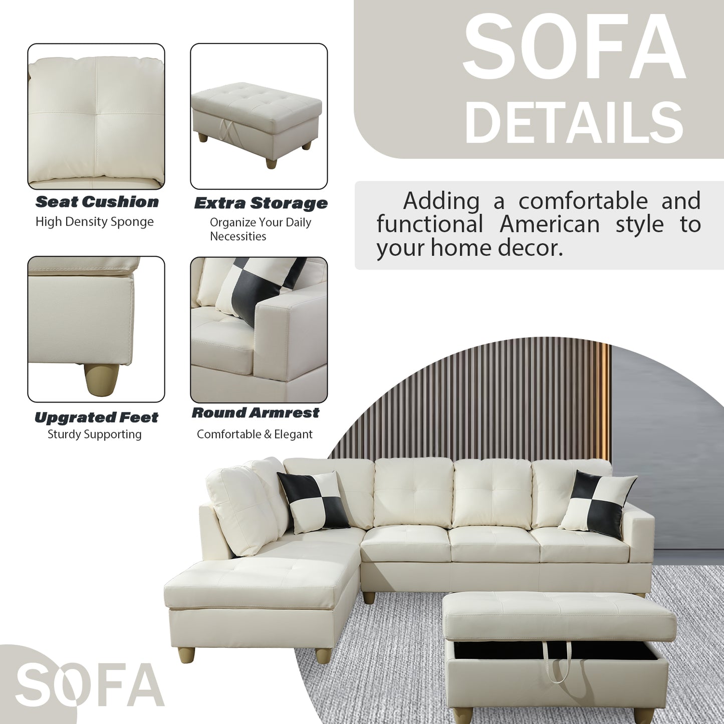 White Faux Leather 3-Piece Couch Living Room Sofa Set