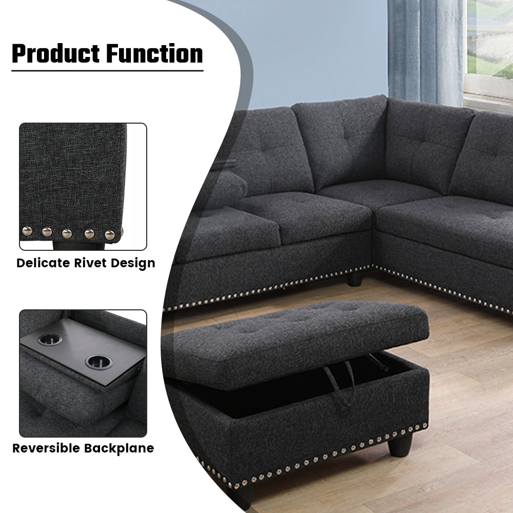 Black Grey Linen 3-Piece Sofa Living Room Sofa Set