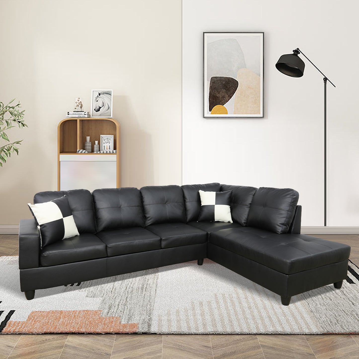 Black Faux Leather 3-Piece Couch Living Room Sofa Set