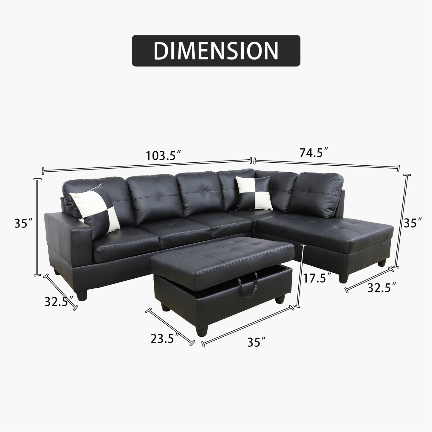 Black Faux Leather 3-Piece Couch Living Room Sofa Set