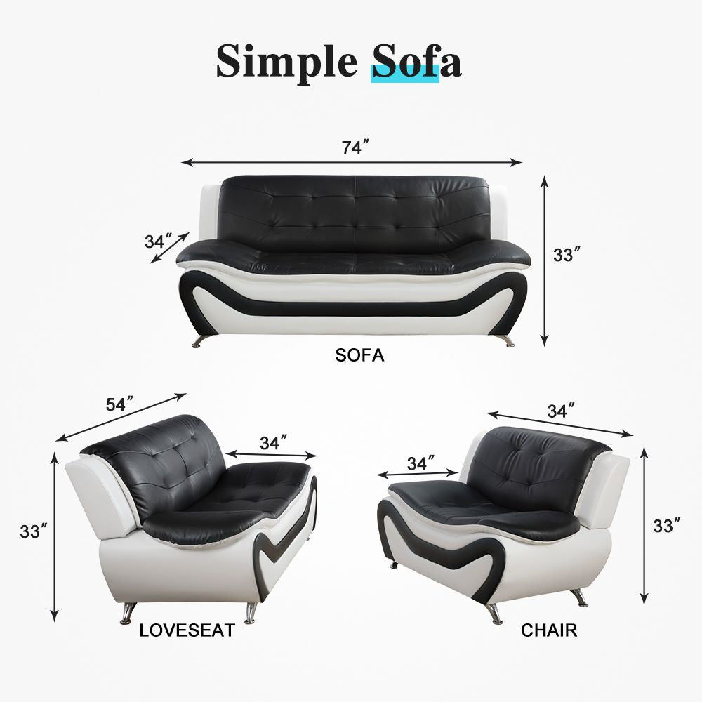 Black & White Faux leather 3-Piece Couch Living Room Sofa Set