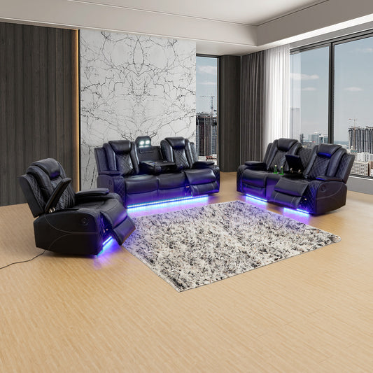 Black Breathing Leather 3-Piece Living Room Recliner Sofa Set