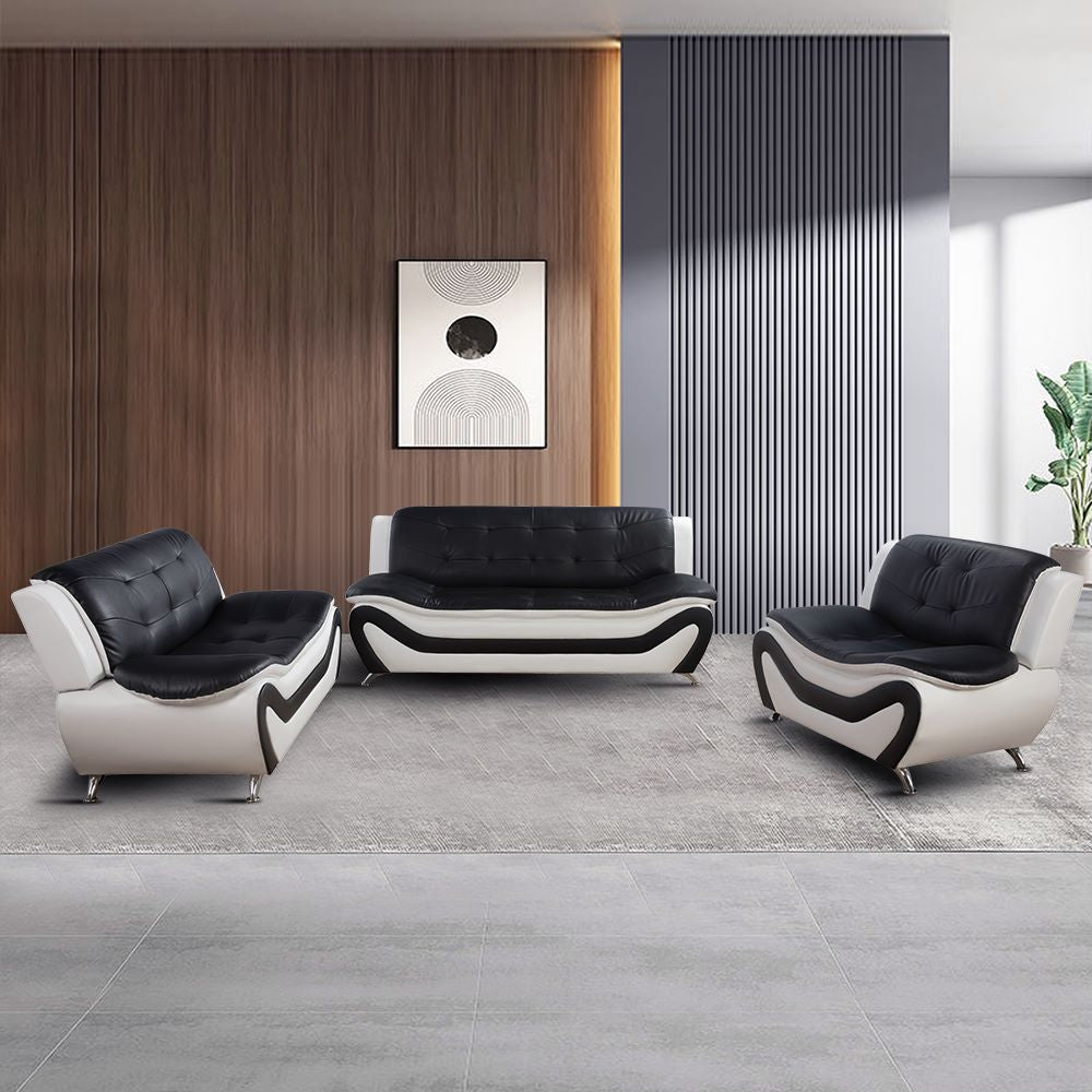 Black & White Faux leather 3-Piece Couch Living Room Sofa Set