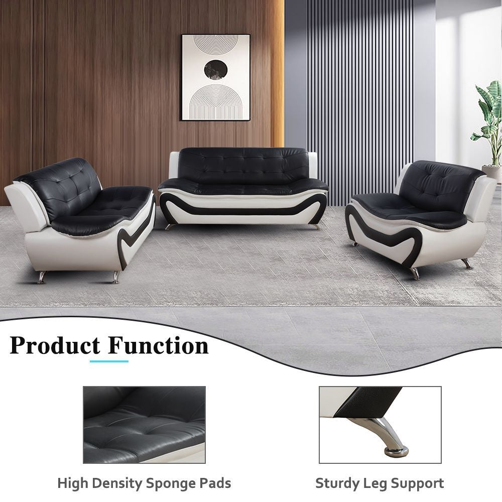 Black & White Faux leather 3-Piece Couch Living Room Sofa Set