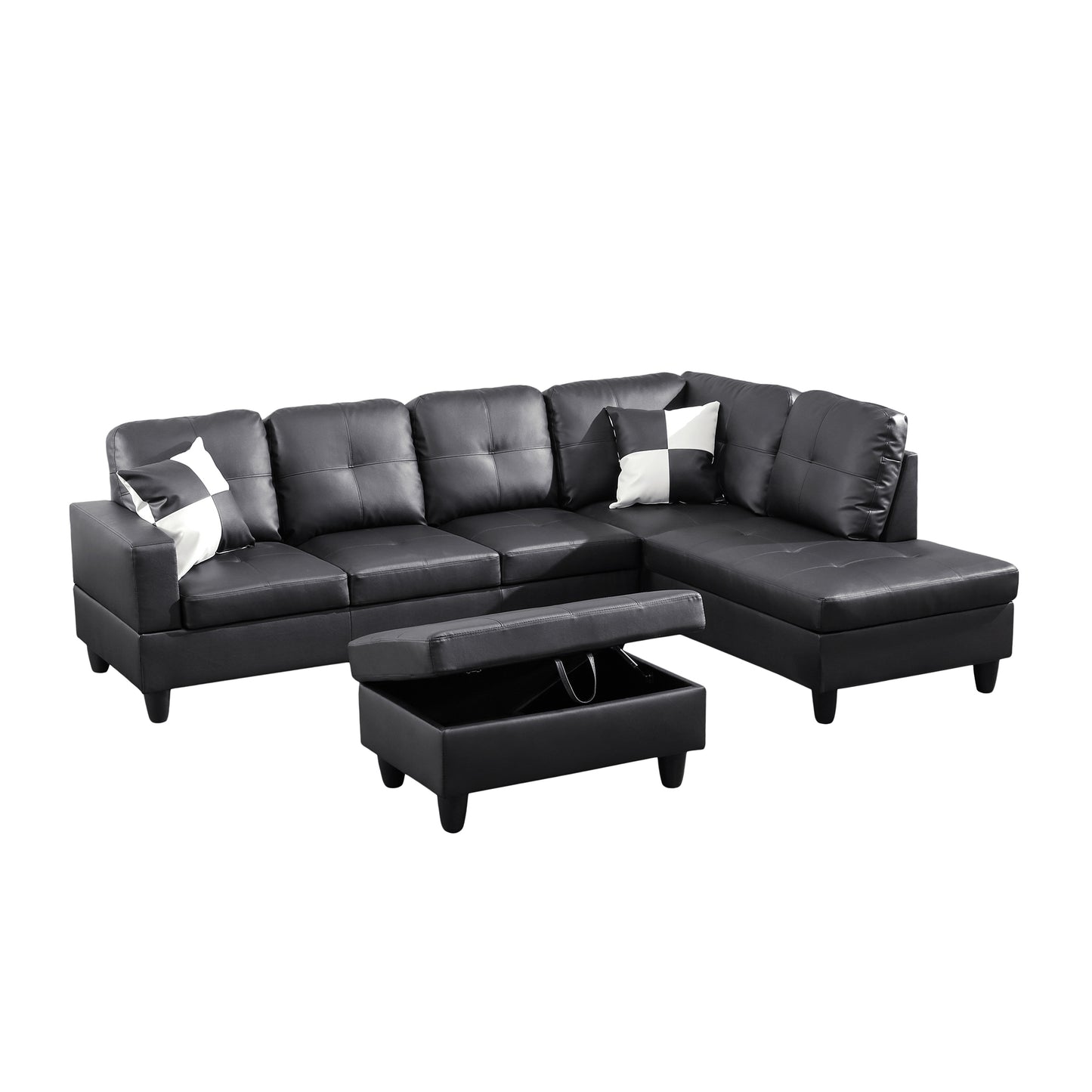 Black Faux Leather 3-Piece Couch Living Room Sofa Set