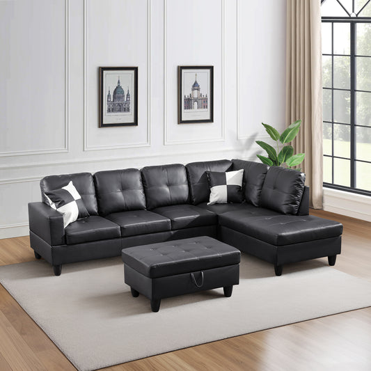 Black Faux Leather 3-Piece Couch Living Room Sofa Set
