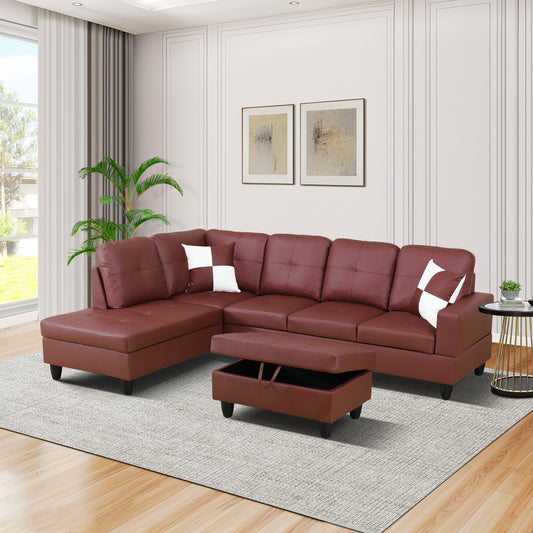 Dark Red Faux Leather 3-Piece Living Room Sofa Set