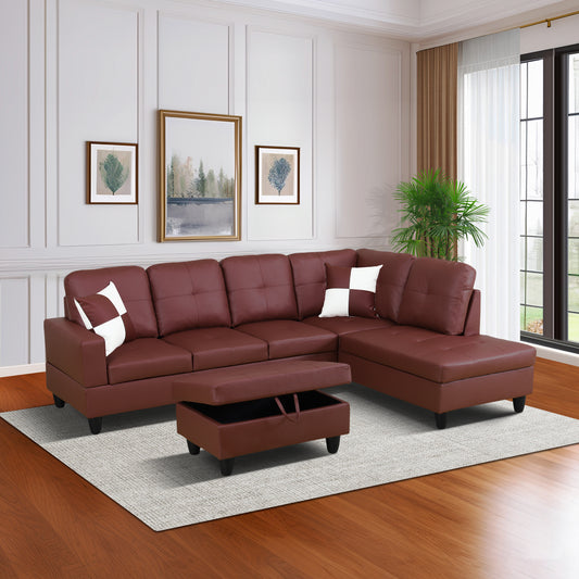 Dark Red Faux Leather 3-Piece Living Room Sofa Set