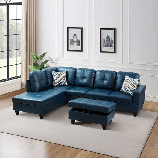 Peacock Blue Semi PU Synthetic Leather 3-Piece Couch Living Room Sofa Set