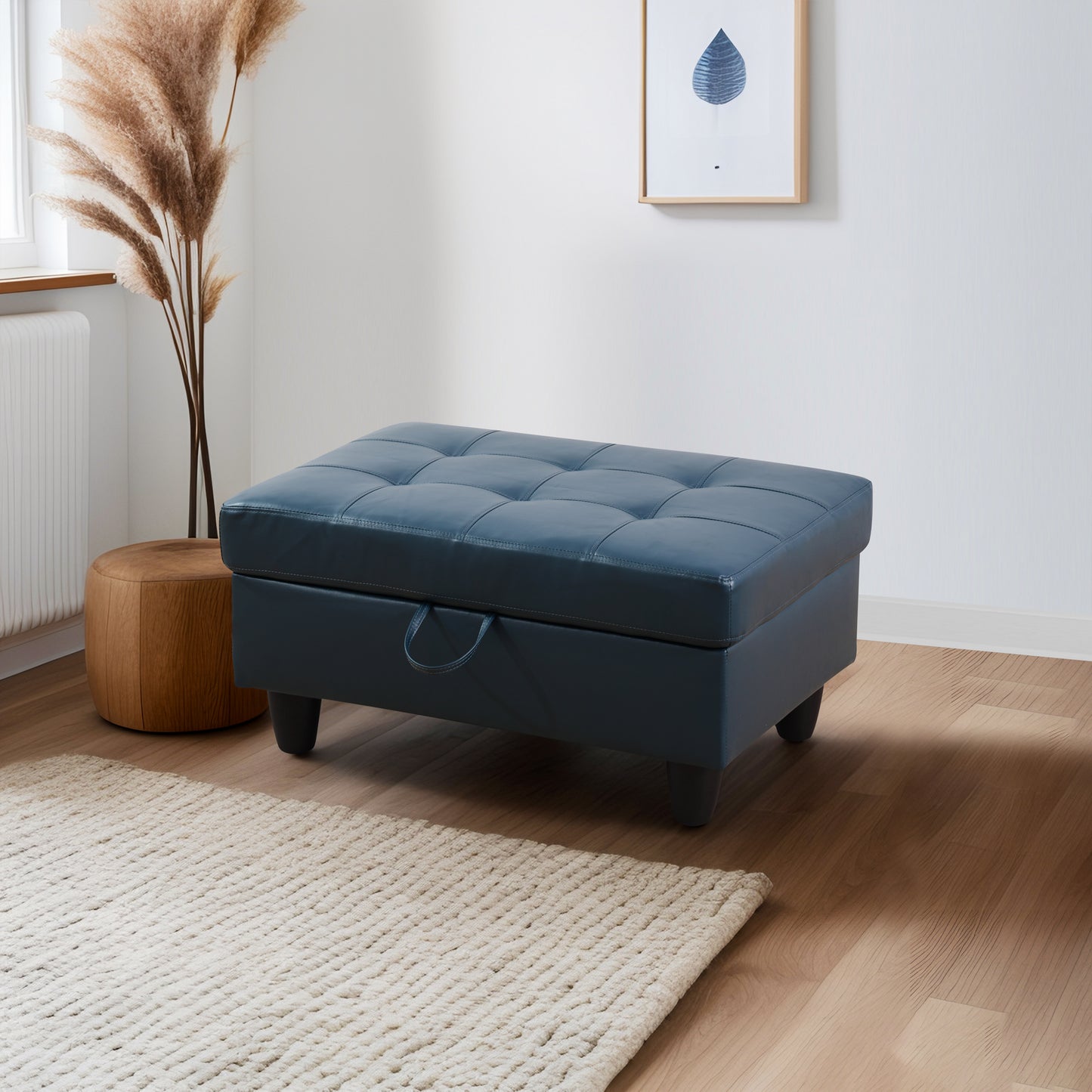 Peacock Blue Semi PU Synthetic Leather Storage Ottoman