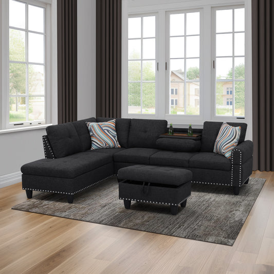 Black Grey Linen 3-Piece Sofa Living Room Sofa Set