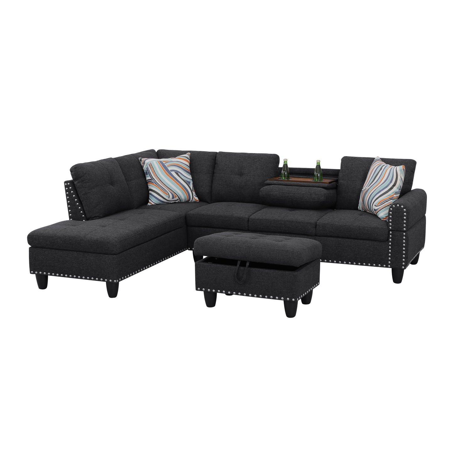 Black Grey Linen 3-Piece Sofa Living Room Sofa Set