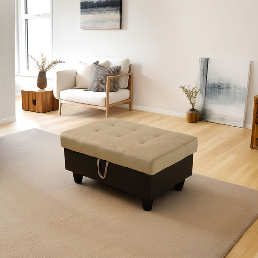 Beige and Brown Color Lint And PVC Storage Ottoman