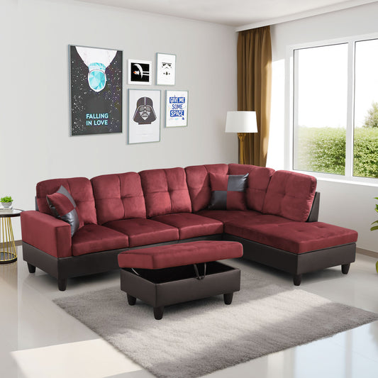 Red Flannel And PVC 3-Piece Couch Living Room Sofa Set
